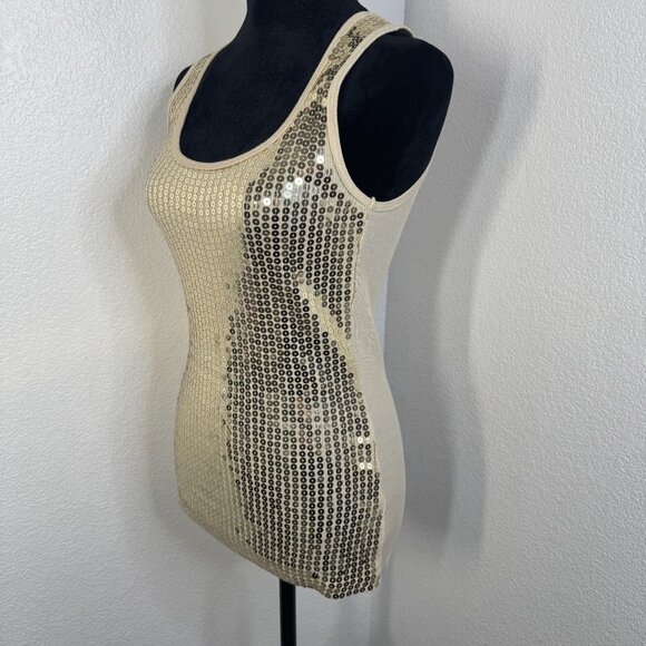 Sequined Beige Ribbed Tank Top With Scoop Neck & Stretchy Fit - Picture 8 of 8
